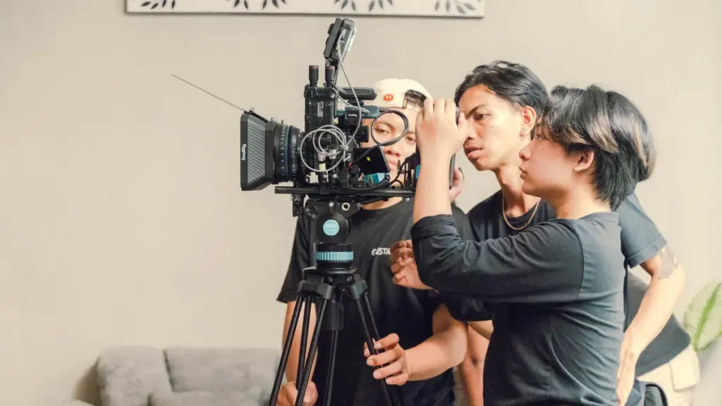 Cinema camera rig with DOP during a video shoot