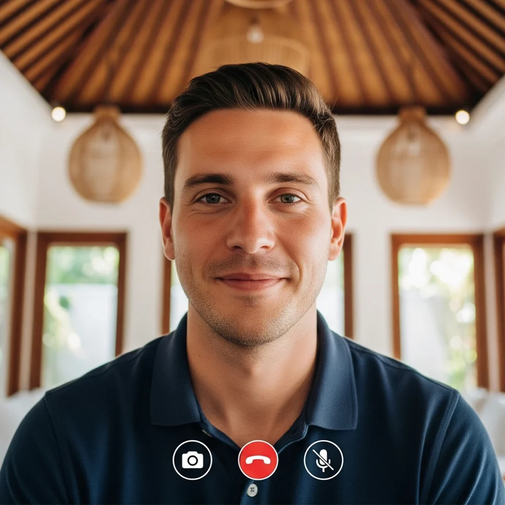 video call of a caucasian man in production house office in bali
