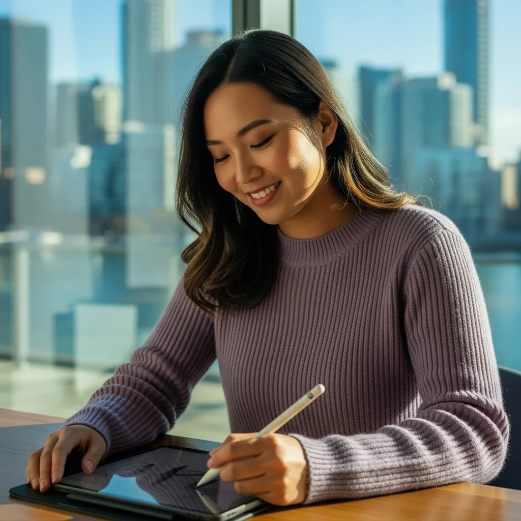 a girl writing on a tablet working in production house jakarta