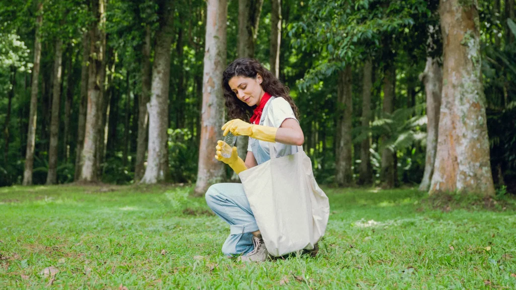 Woman wearing gloves picking up a plastic bottle in the forest during an environmental cleanup, representing eco-friendly and socially responsible production services.