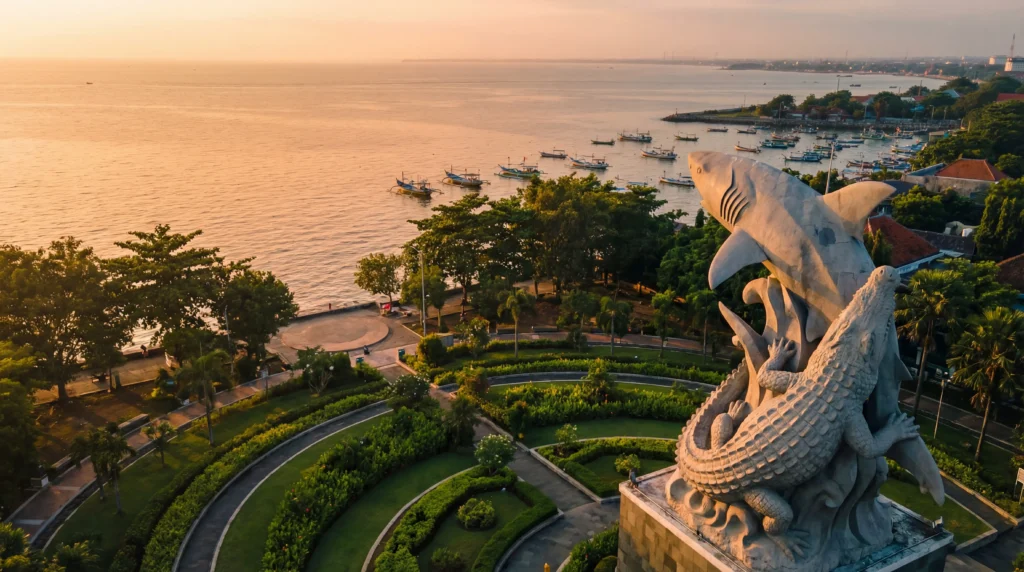 Surabaya’s iconic Suro and Boyo statue captured from above with the shoreline in the background.