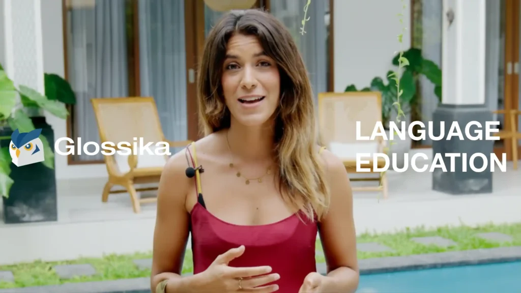 Glossika language education testimonial video featuring a spokesperson speaking on camera in a residential setting