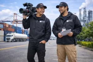 Professional film crew from SNXP Studio filming at Surabaya Industrial Park, showcasing corporate and industrial video production with experienced local crew and high-end camera equipment.